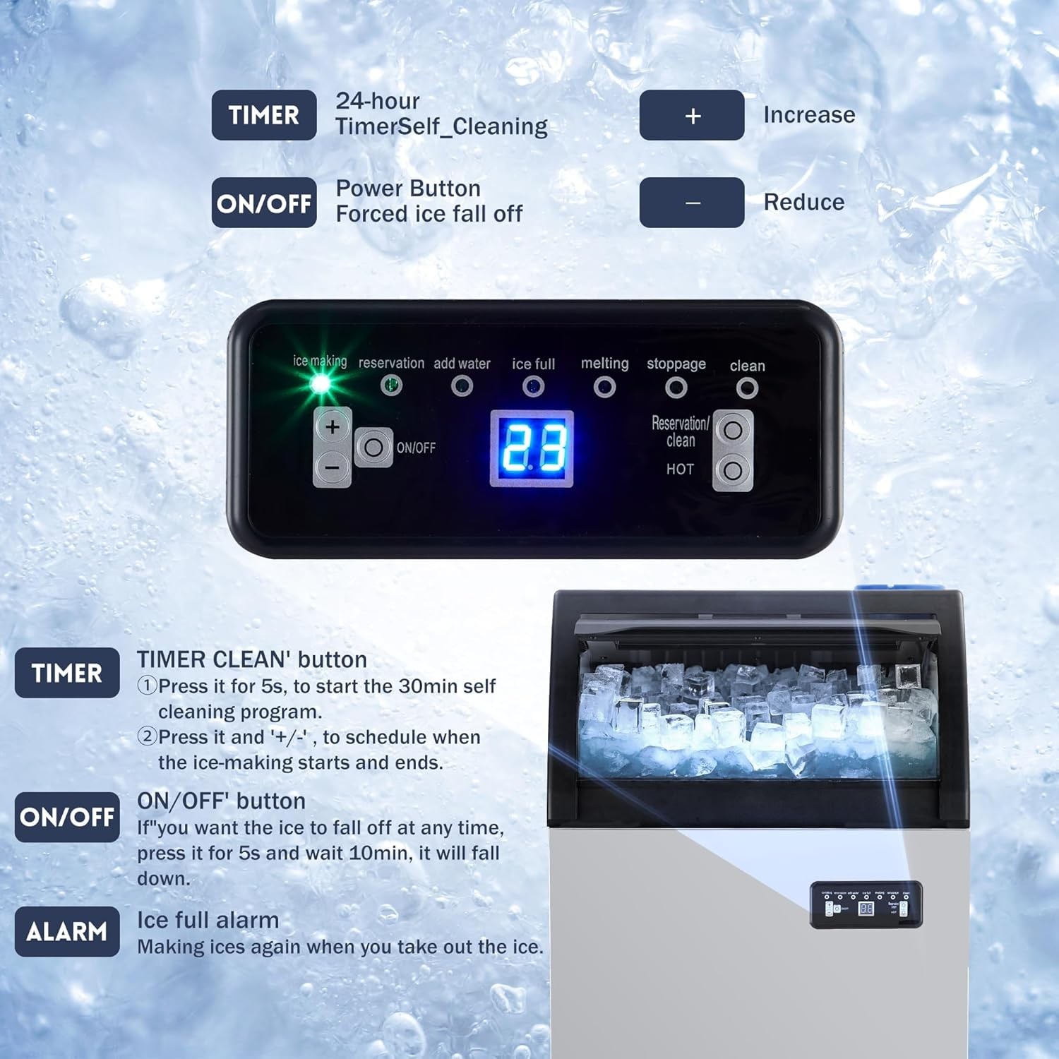 120LBS/24H Commercial Ice Maker 33LBS Bin Self-Clean Filter Home Bar Restaurant