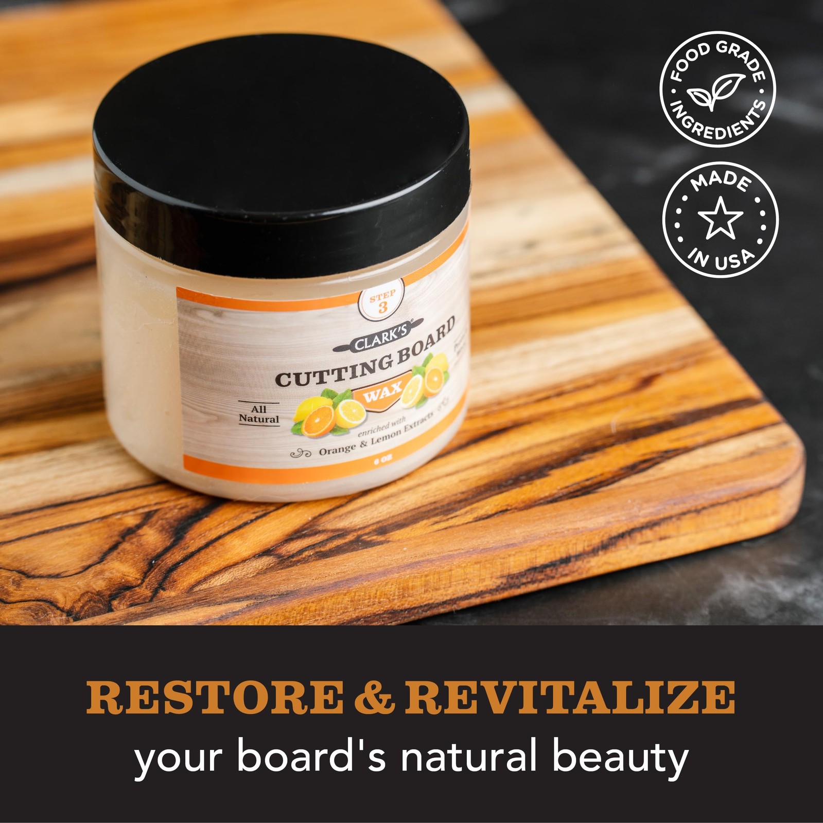 Cutting Board Finish Wax (6oz) by CLARK’S | Enriched with Lemon & Orange Oils |