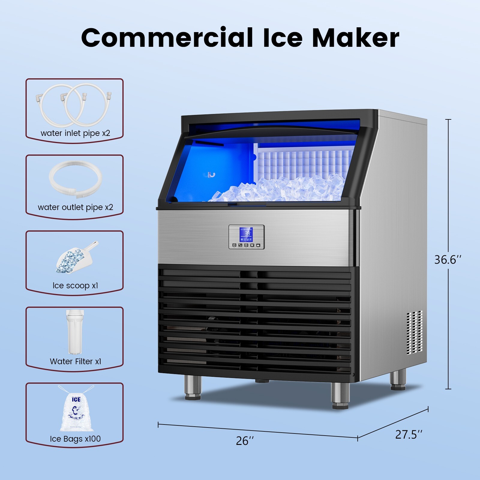 Commercial Ice Maker Machine 450LBS/24H, Stainless Steel Undercounter Ice Maker