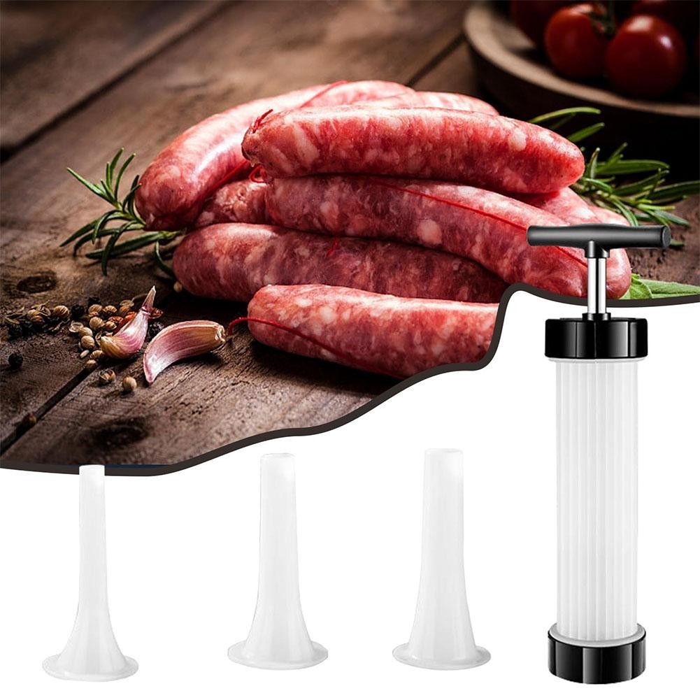 Manual Sausage Stuffer Maker Meat Filler Syringe Machine 3 Sizes Filling Funnels