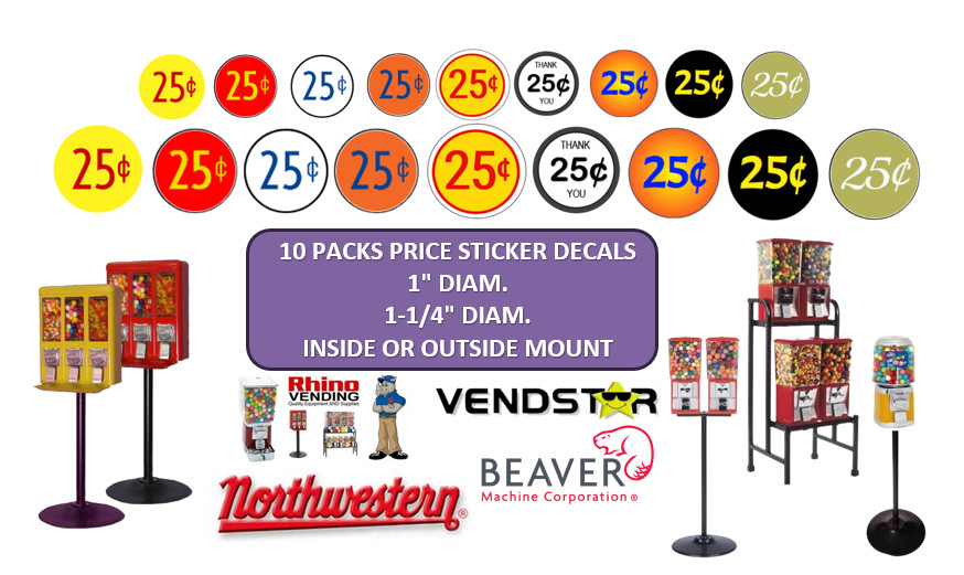 Candy Vending Machine Labels Price Stickers Decals (10 packs) two sizes