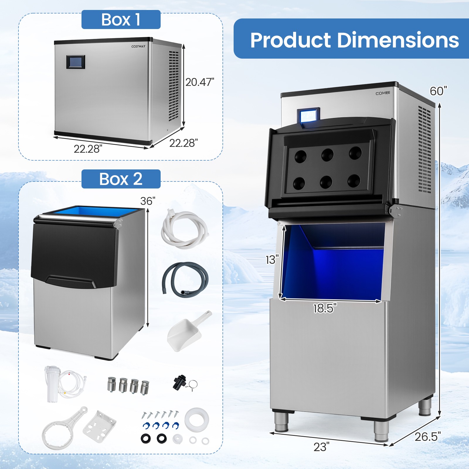 Commercial Ice Maker 450 lbs/24H Ice Machine w/250 lbs Storage Bin Self-cleaning
