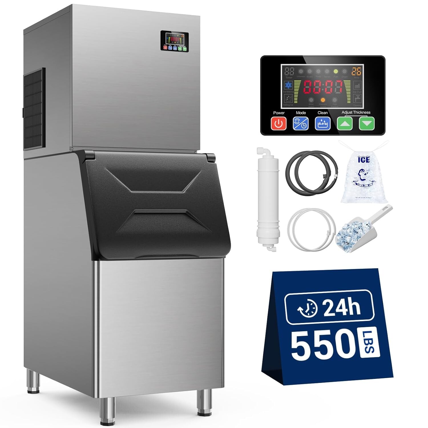 Commercial Ice Machine 550 LBS/24H, 360 LBS Storage, 132 Ice Cubes Auto Cleaning