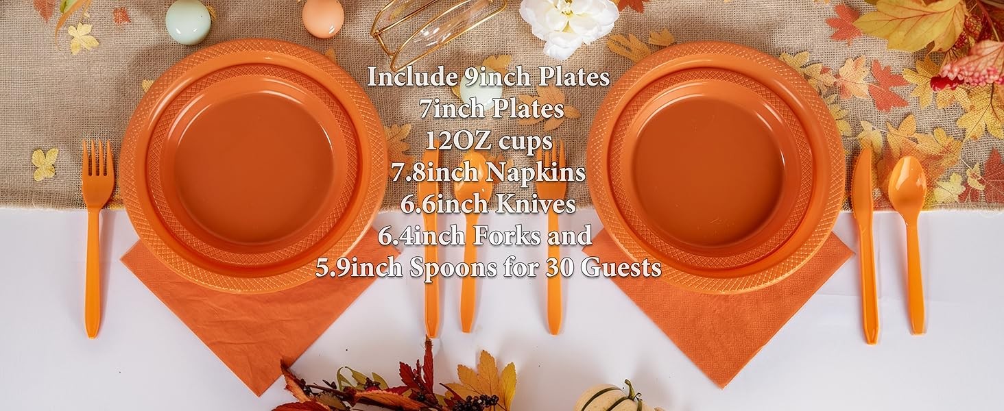 210Pcs Orange Disposable Plates,Plastic Dinnerware Set for Party,Includes: