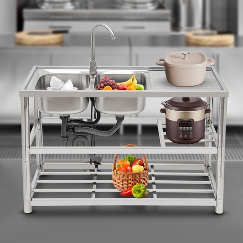 Free Standing Commercial Kitchen Sink Stainless Steel Dual Bowl For Restaurant