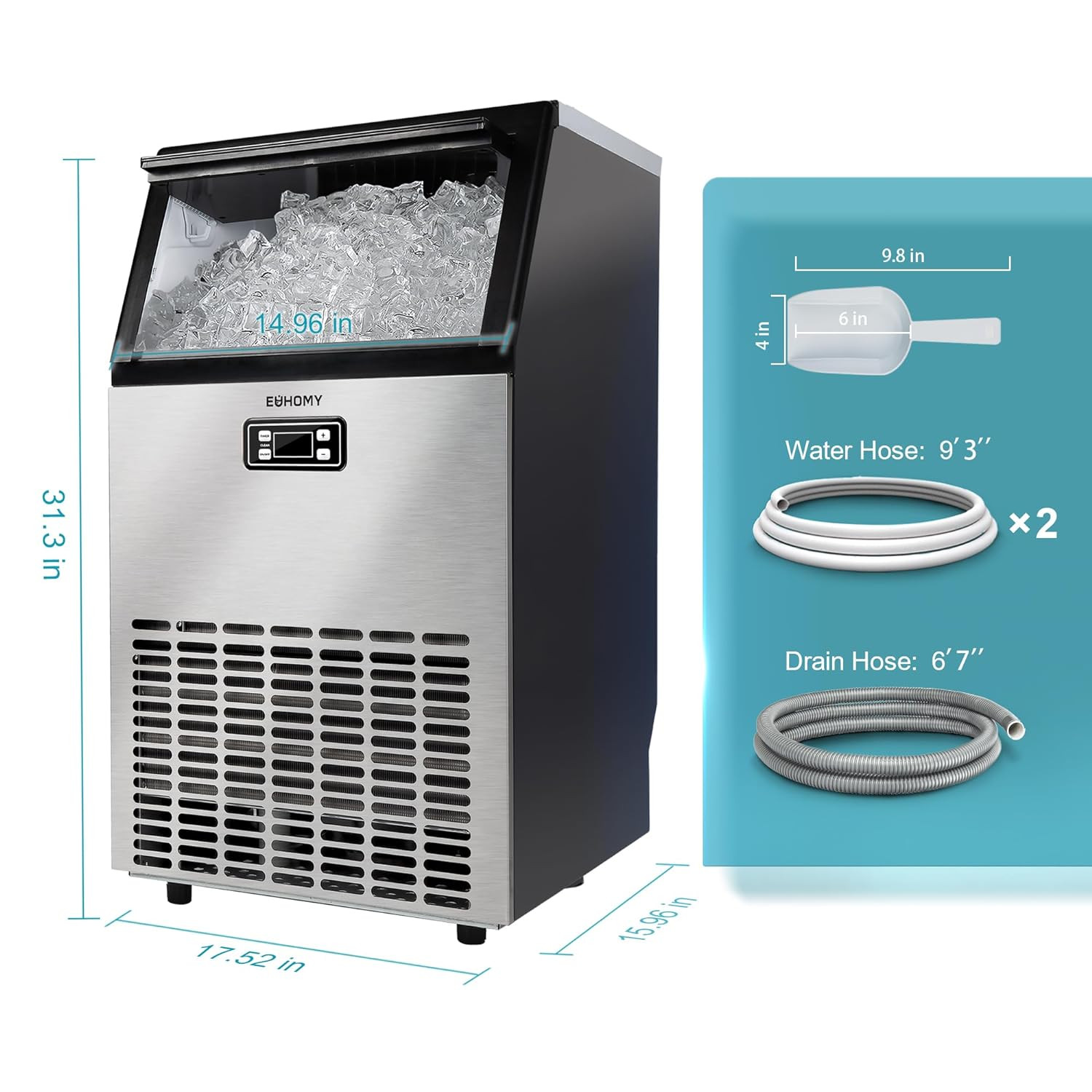 Commercial Ice Maker Machine – 99Lbs Daily Production, 33Lbs Ice Storage, Stainl