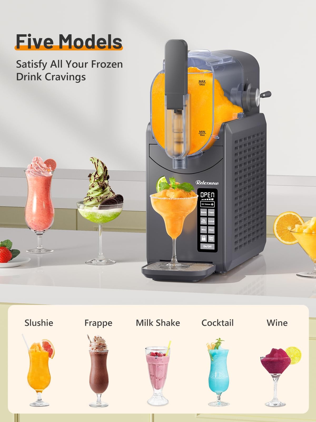 RELEXNOW 88 oz Slushie Machine, No Ice Needed, 6-in-1 Frozen Drink Maker