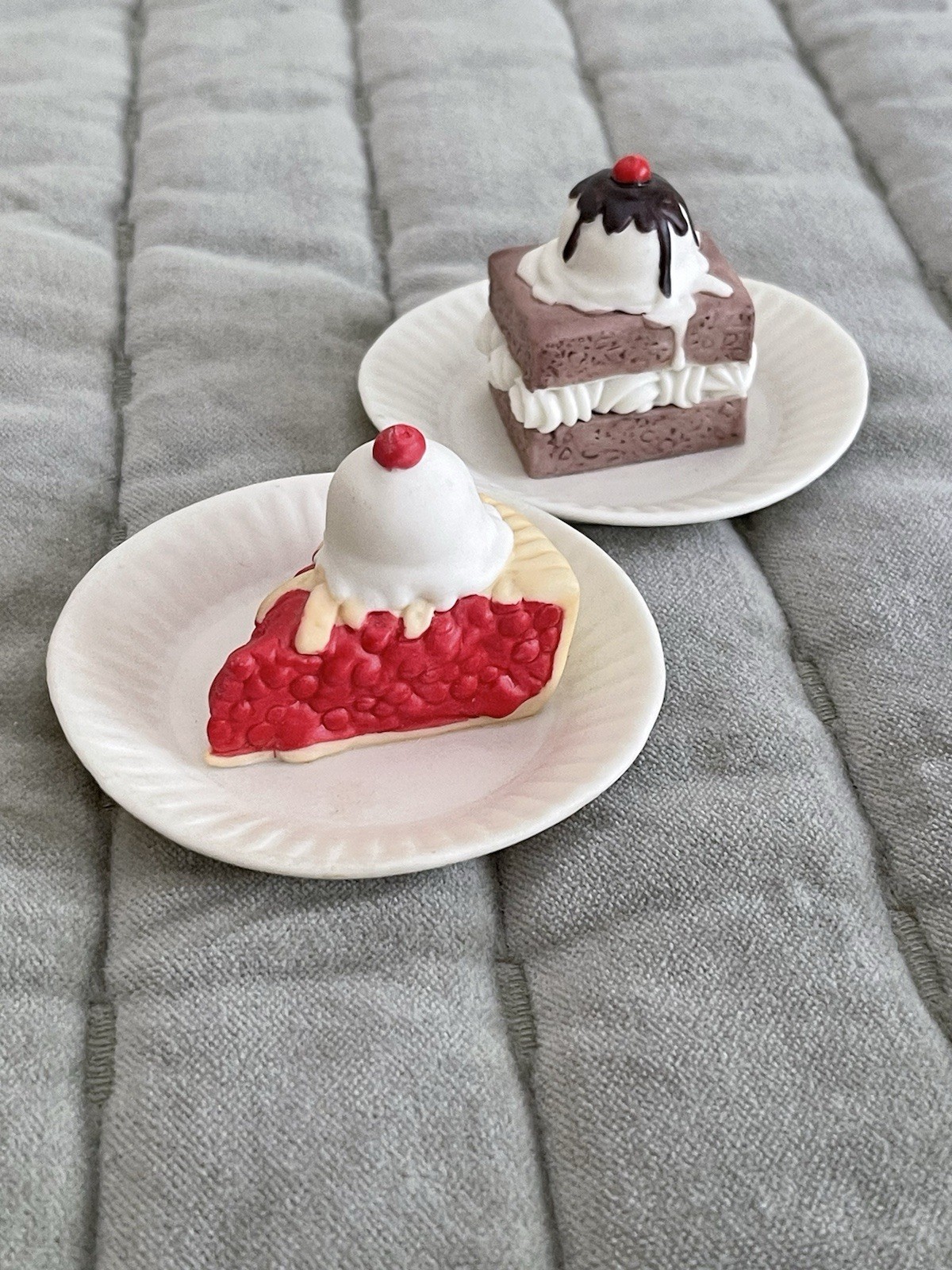 Vintage Ceramic Mini Plate Figurines W/ Cherry Pie & Chocolate Cake Display Food