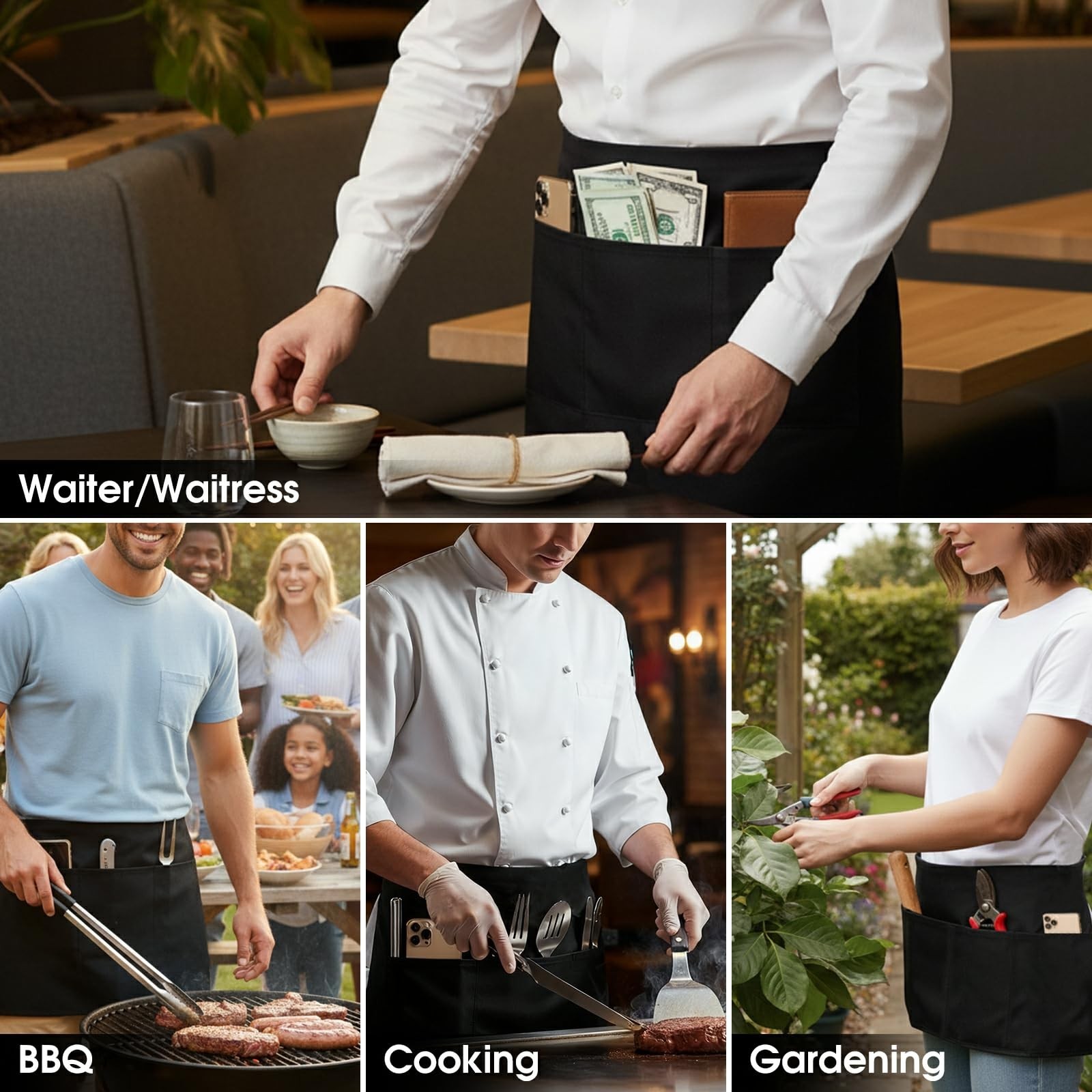 BOHARERS Cotton Server Aprons 2 Pack Waiter Waitress Apron Short Apron with P…