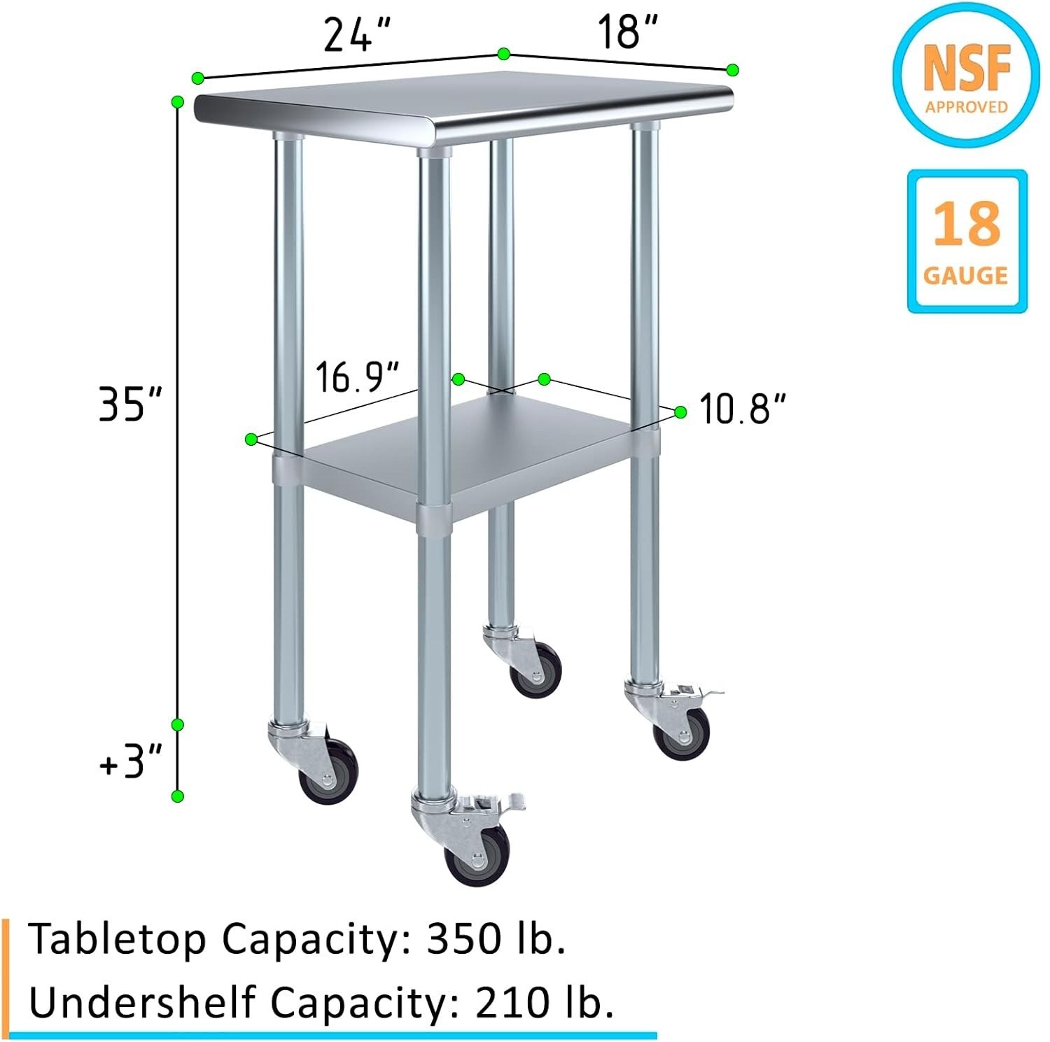 Stainless Steel Food Prep Work Table with Undershelf 18”x24” and casters Wheels