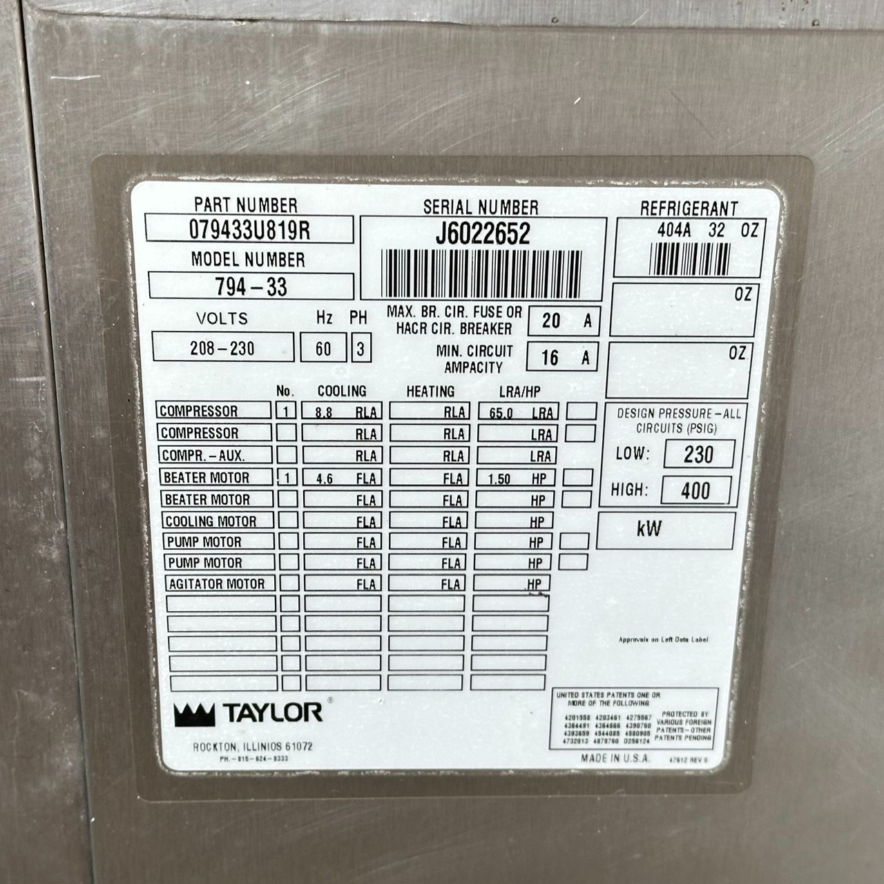 Taylor 794-33 Soft Serve Ice Cream Maker 3 Phase 208–230V (Water Cooled)