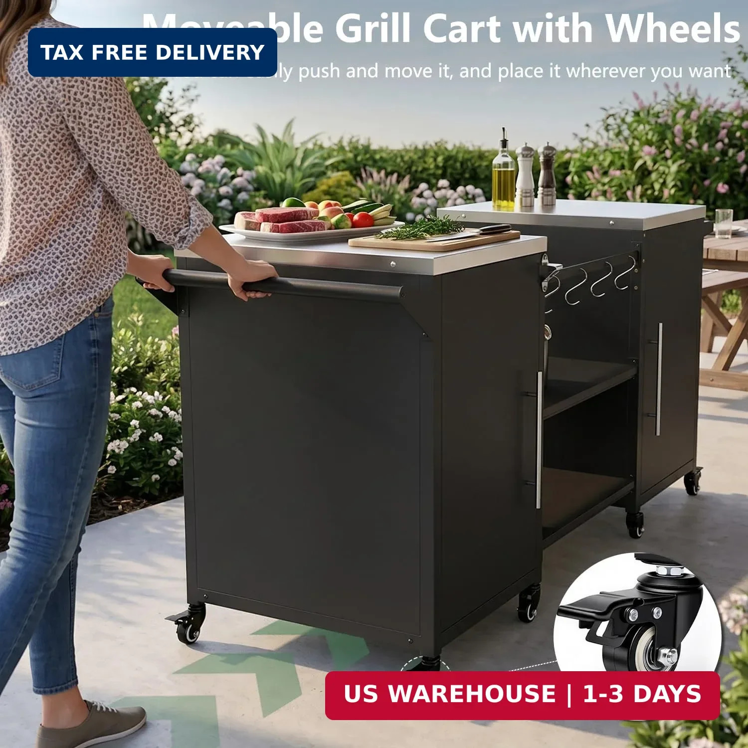 Outdoor Grill Cart for Big Green Egg, Grill Table Suitable for Various Sizes of
