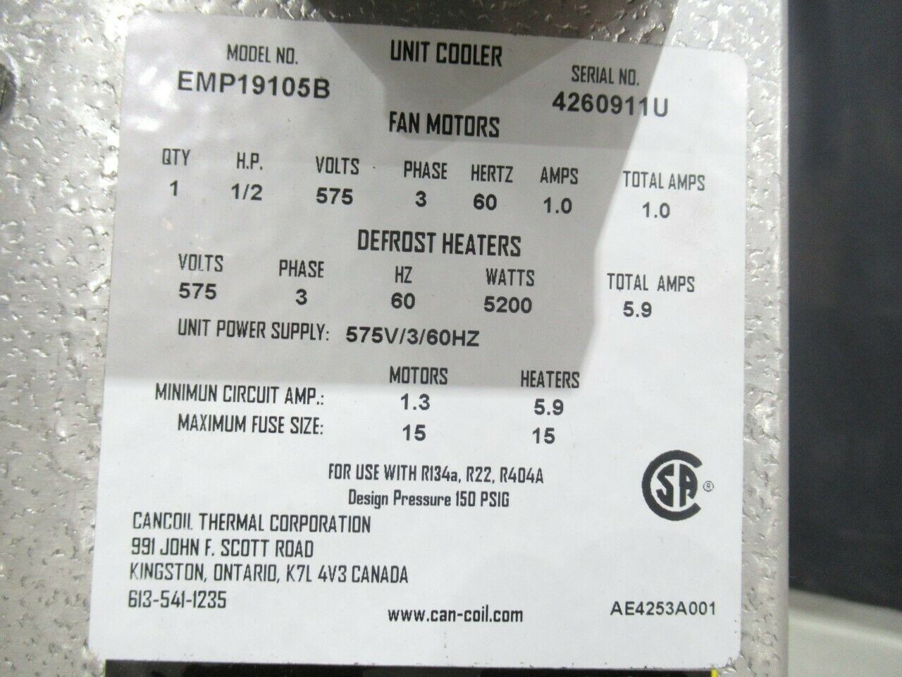 Cancoil EMP19105B Electric Defrost Medium Profile Unit Cooler, 19 100 Capacity