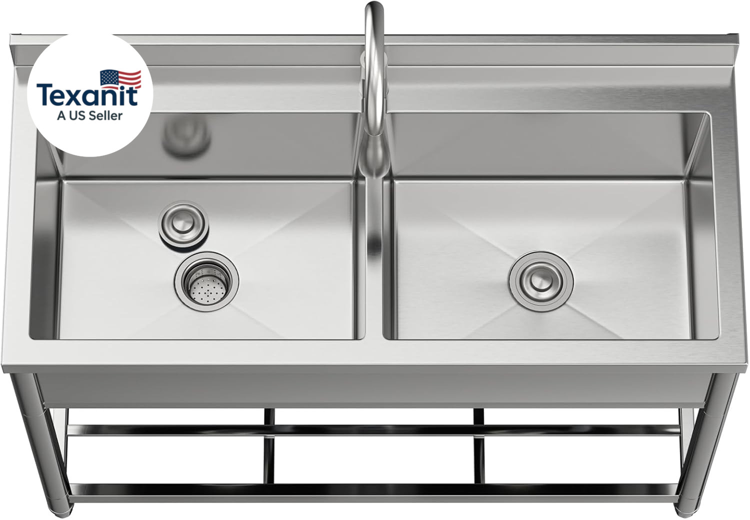 2-Compartment Commercial Sink, Stainless Steel Utility Sink with Pull-Out Faucet