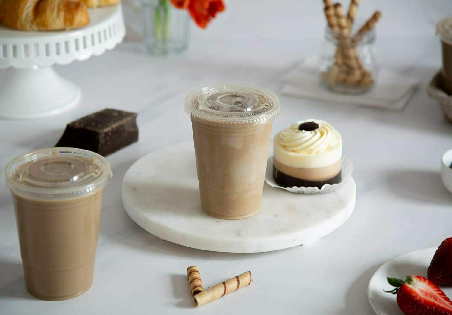 Clear Plastic PET Cups with Flat Lids with Straw for All Kinds of Beverages
