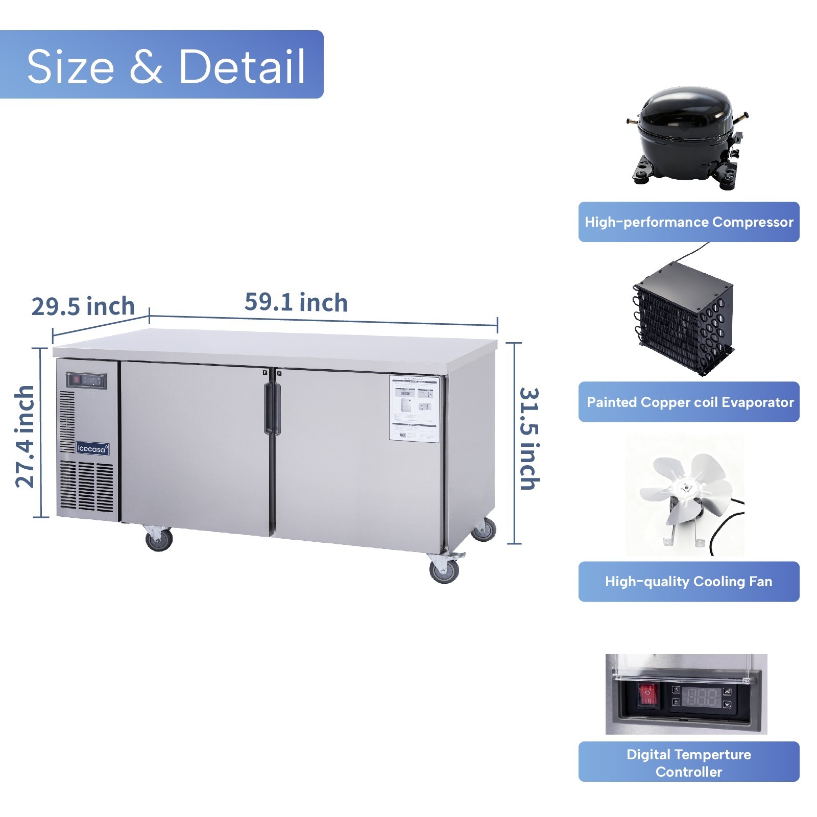 ICECASA 60″ Commercial Worktop Freezer Undercounter Stainless Steel Fridge