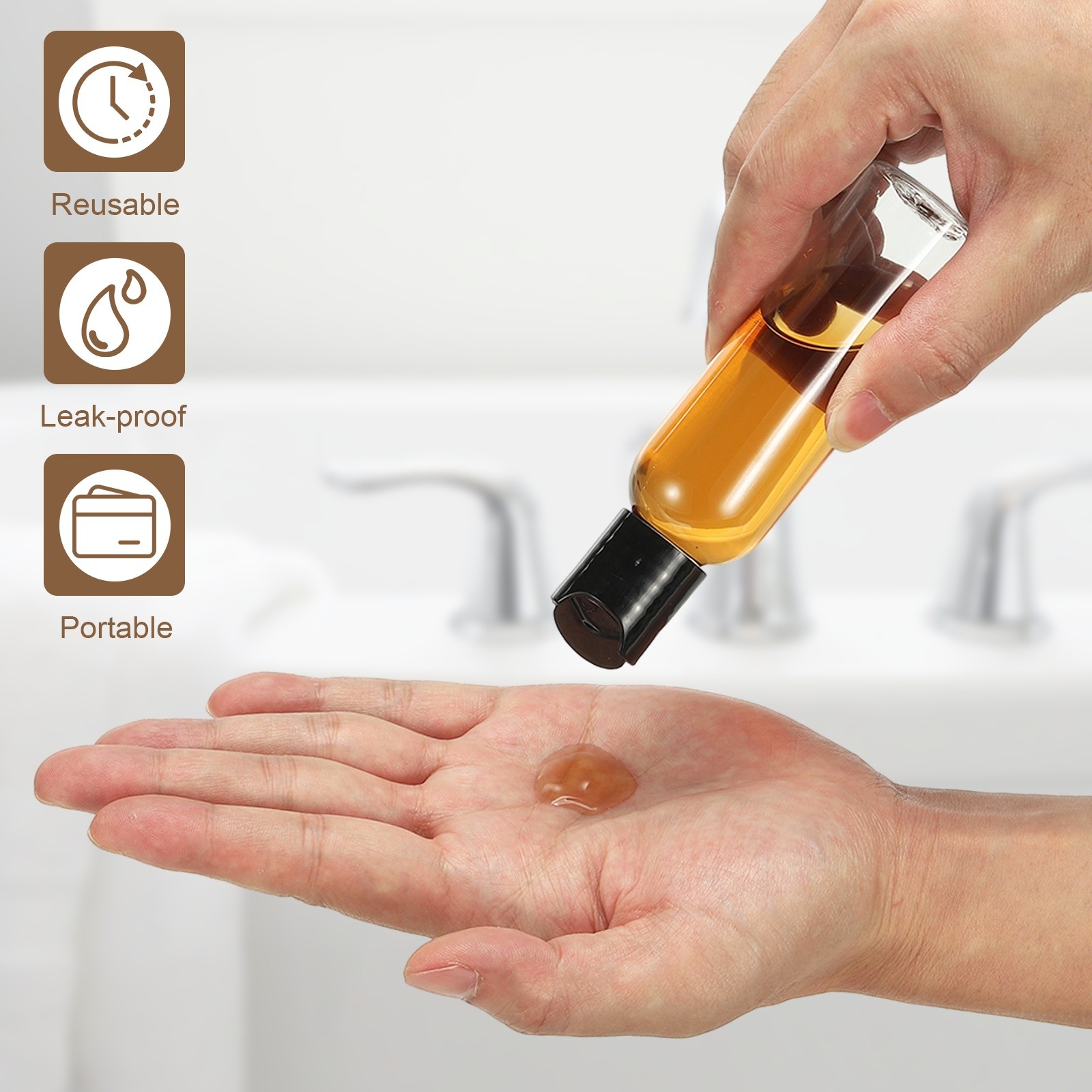 6Pcs 2oz Plastic Travel Bottles, Empty Bottles with White Top Caps, Brown