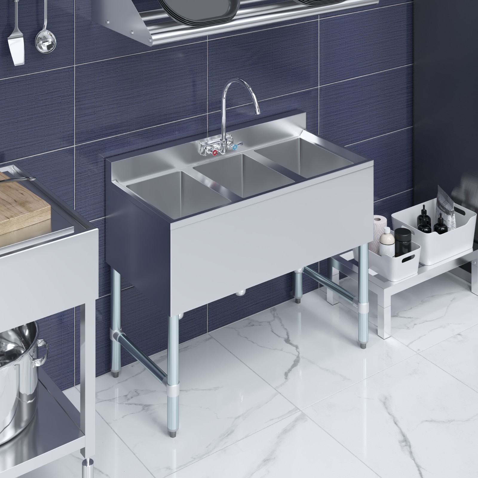 AmGood 38 in. x 19 in. Three Compartment Under Bar Sink. NSF