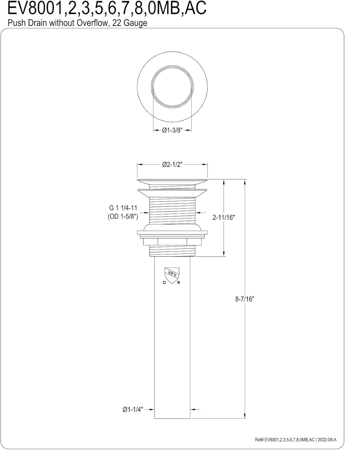 EV8003 Push Pop-Up Drain without Overflow Hole, 22 Gauge, Antique Brass