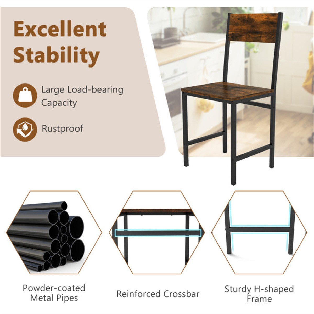 4 PCS Industrial Dining Chairs, 330LBS Capacity Metal Frame Kitchen Side Chairs