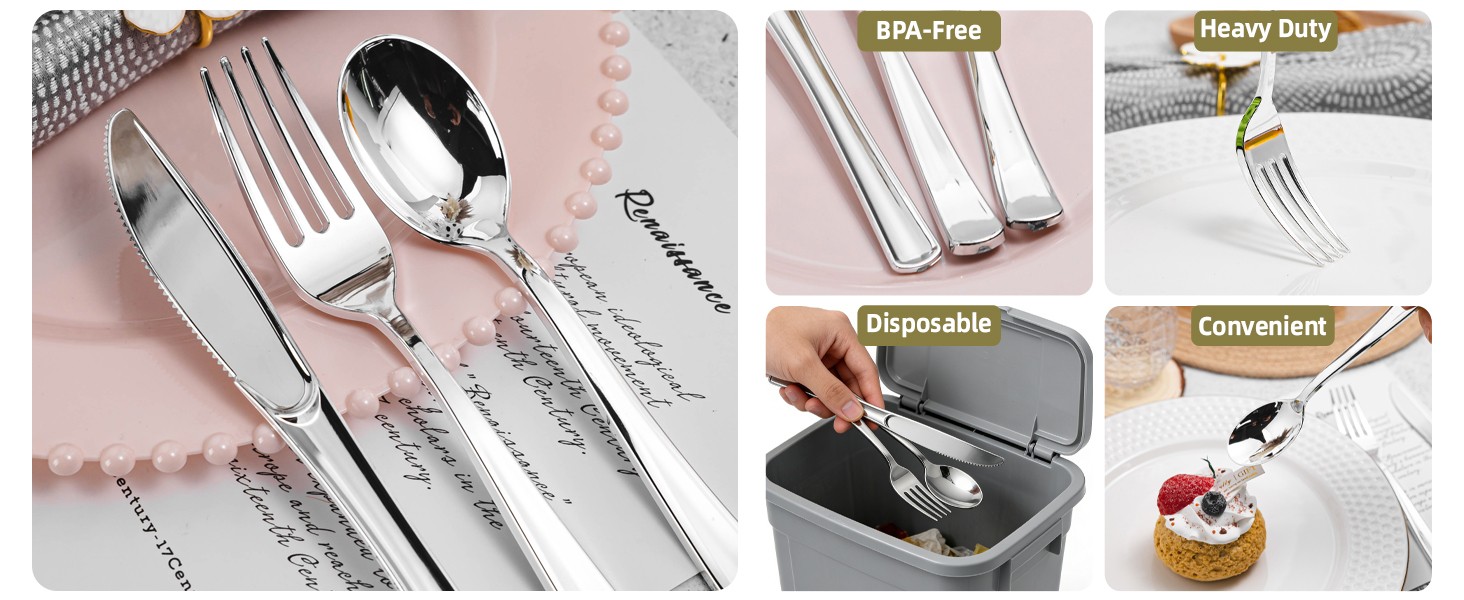 240PCS Sliver Plastic Silverware, Sliver Plastic Cutlery Set Disposable Flatware