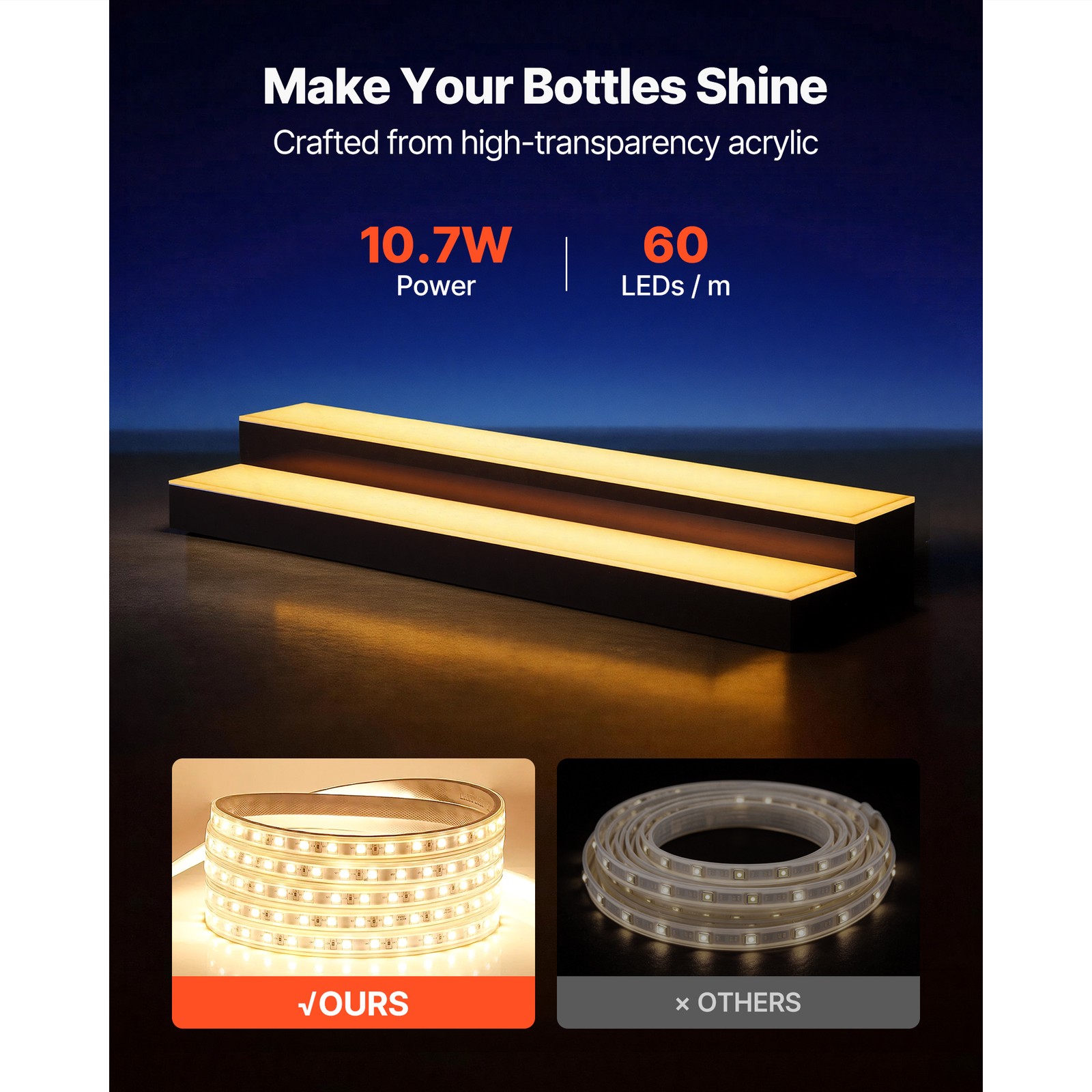 Uimoso LED Lighted Liquor Bottle Display Shelf, 2-Tier, 30-Inch Acrylic for Bars