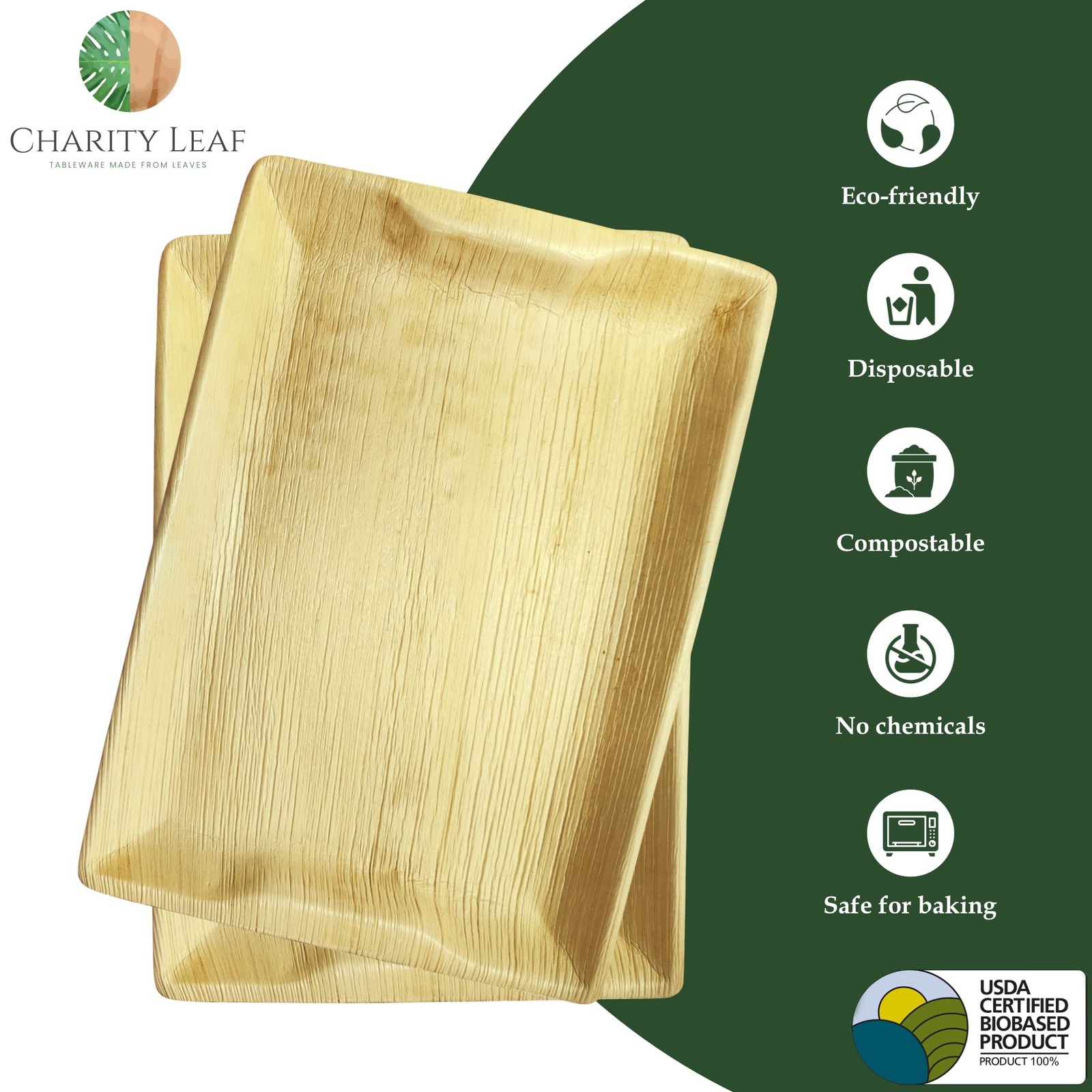 Charity Leaf Disposable Palm 14″ x 14″x10″ trays (10 pcs), Natural Brown