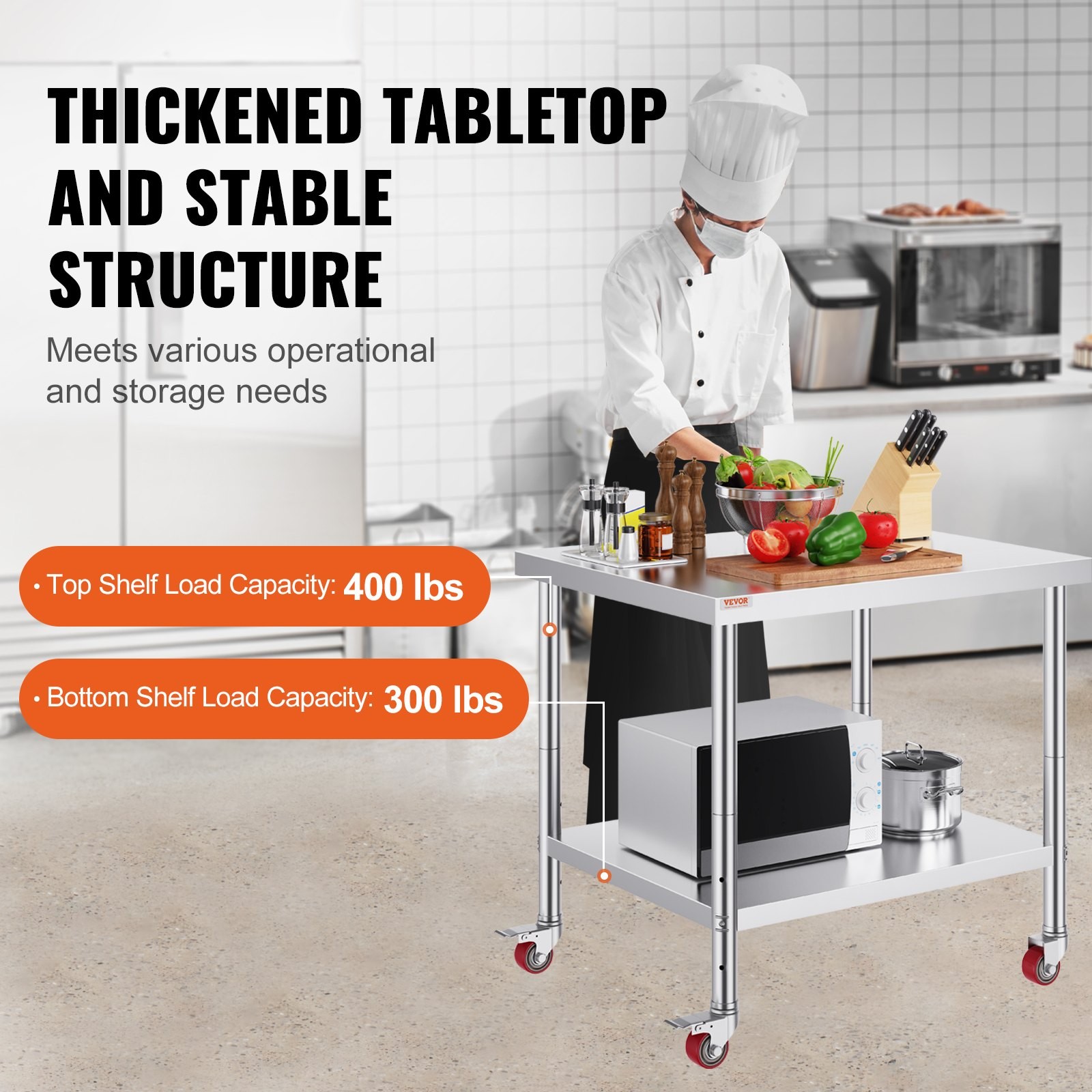 Stainless Steel Work Table 36 x 30 x 34 Inch, 700 LBS Load Capacity with 4 Wheel