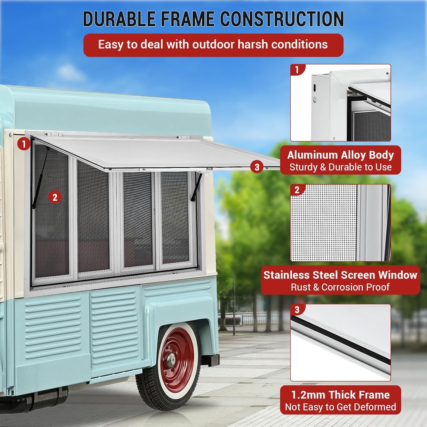 45″ W x 30″ Concession Window Aluminum Alloy with Awning & 4 Screen Windows