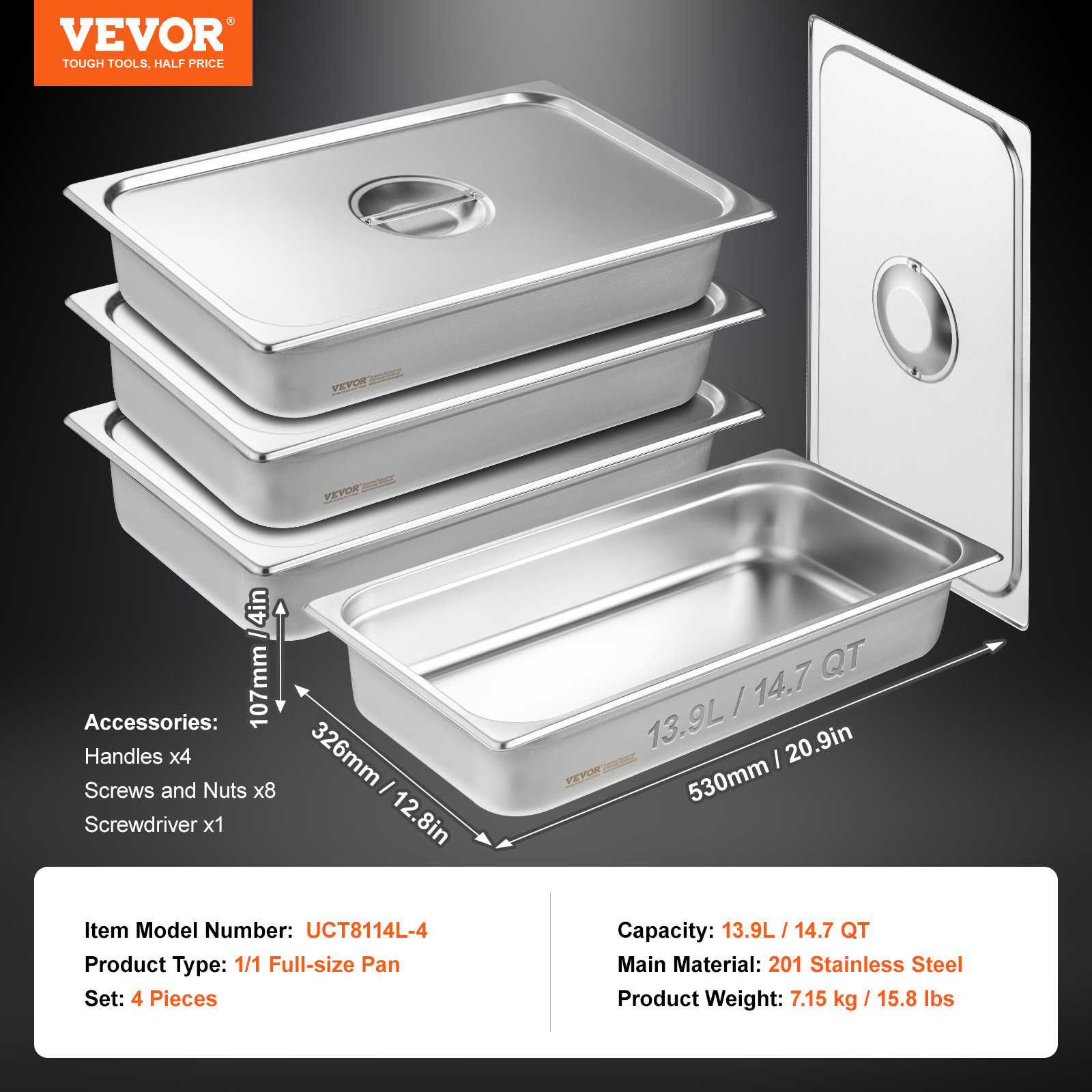 VEVOR 4 Pack Full Size Hotel Pans Steam Table Pan Stainless Steel 4″ Deep Lid