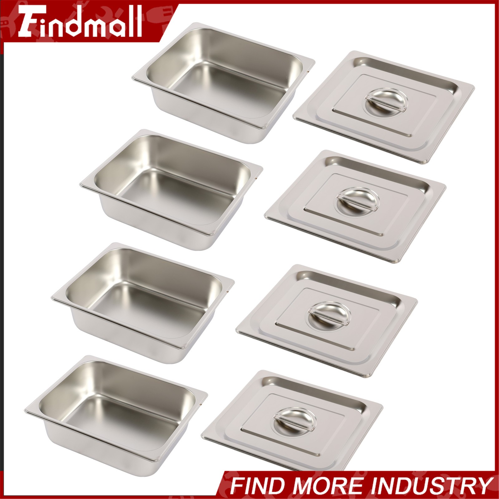 Findmall 4 Pack Hotel Pans 1/2 Size 4″ Deep Stainless Steel Steam Table with Lid