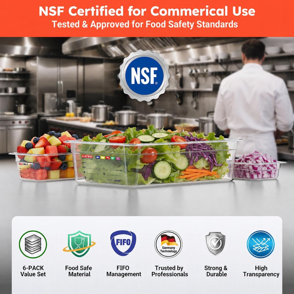 Gatbo 6-Pack Full Size 4 Deep Polycarbonate Food Pans Nsf Commercial Clear Food