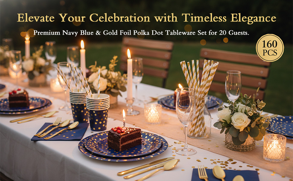 160PCS Disposable Cutlery Set for 20 Guests Blue and Gold Party Cutlery Set