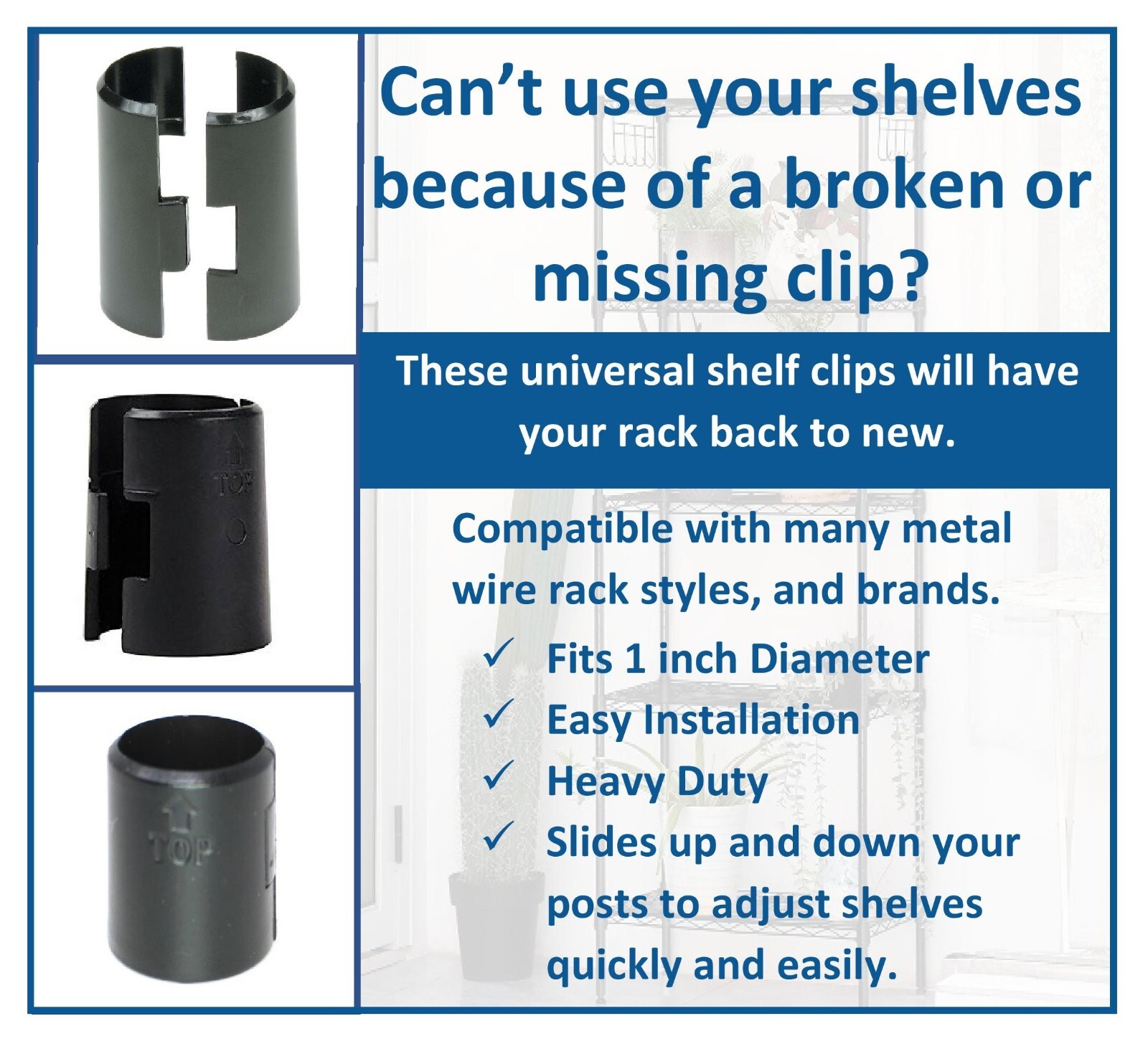 1″ Diameter Wire Shelf Clips Shelving Split Sleeves Lock Locking Plastic 12 pair