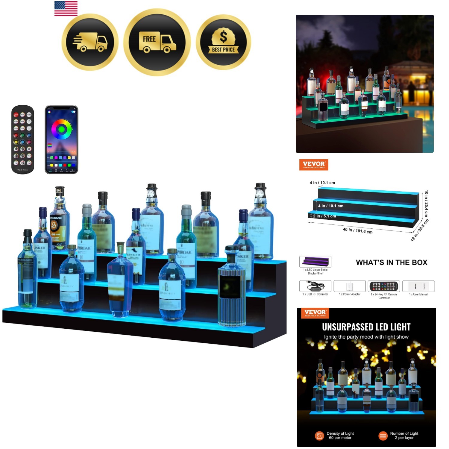 LED Lighted Liquor Bottle Display, 3 Tiers 40 Inches, Supports USB, Illuminat…
