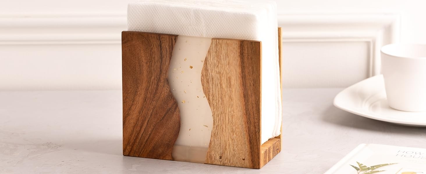 Acacia wood & Transparent Epoxy resin Napkin holder for table, Rustic farmhouse