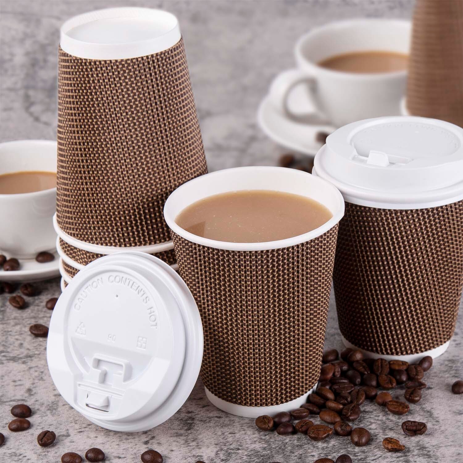 Joycode Brown12OZ Disposable Hot Coffee Insulated Ripple Paper Cups With Lids.