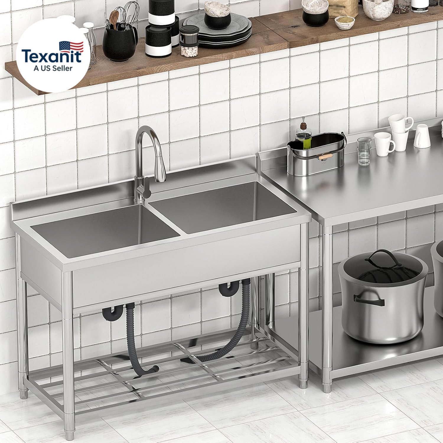 2-Compartment Commercial Sink, Stainless Steel Utility Sink with Pull-Out Faucet