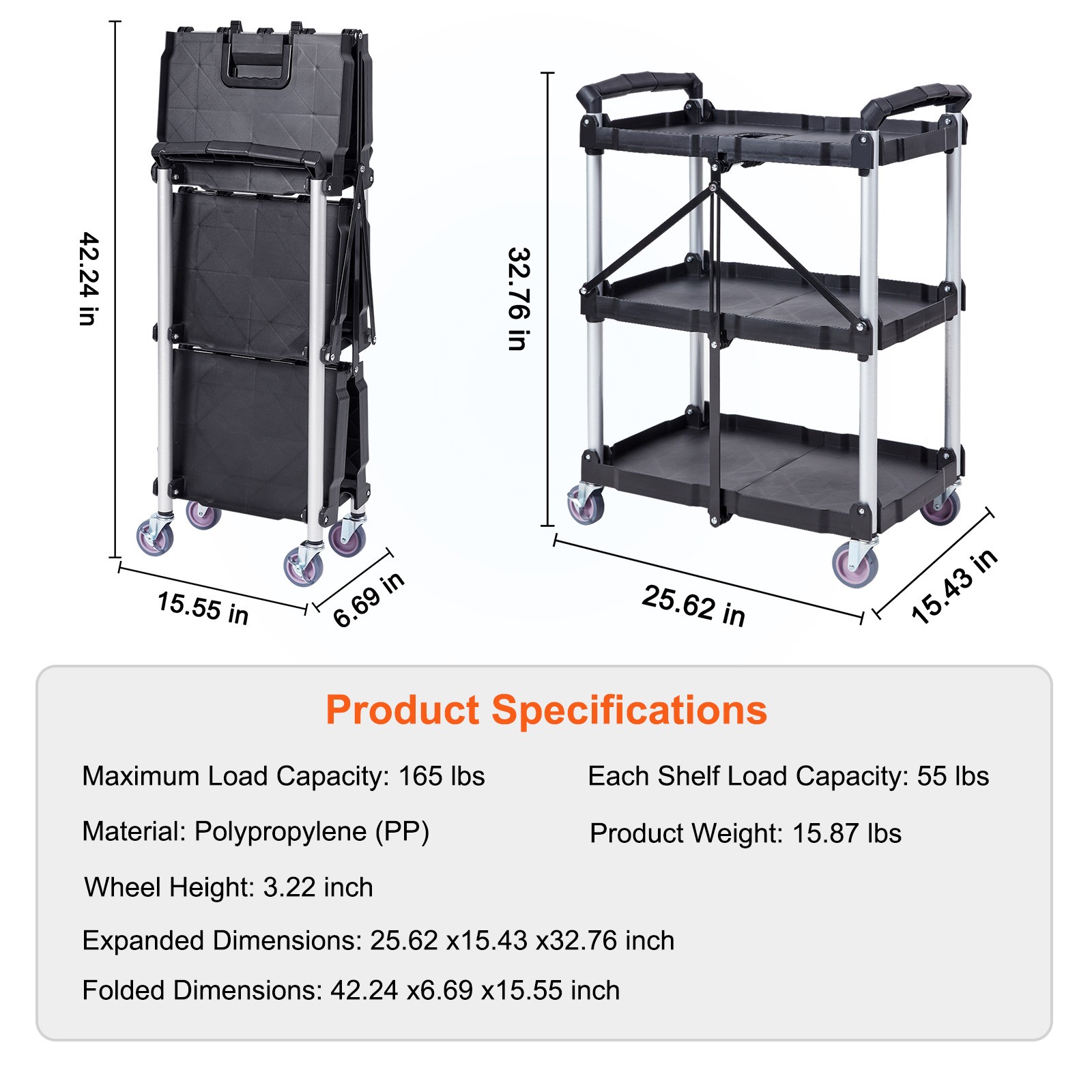 VEVOR Foldable Utility Service Cart 3 Shelf 165LBS with Swivel Lockable Wheels