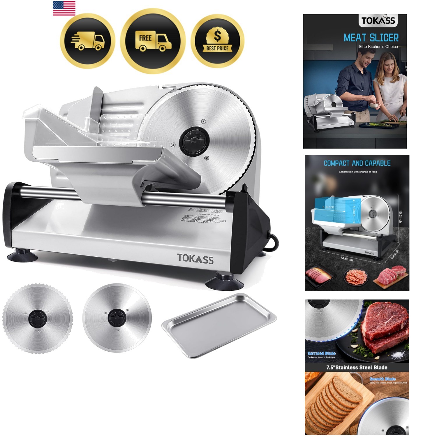 200W Meat Slicer Machine for Home Use,Deli Slicer with 2 Removable 7.5» Stai…