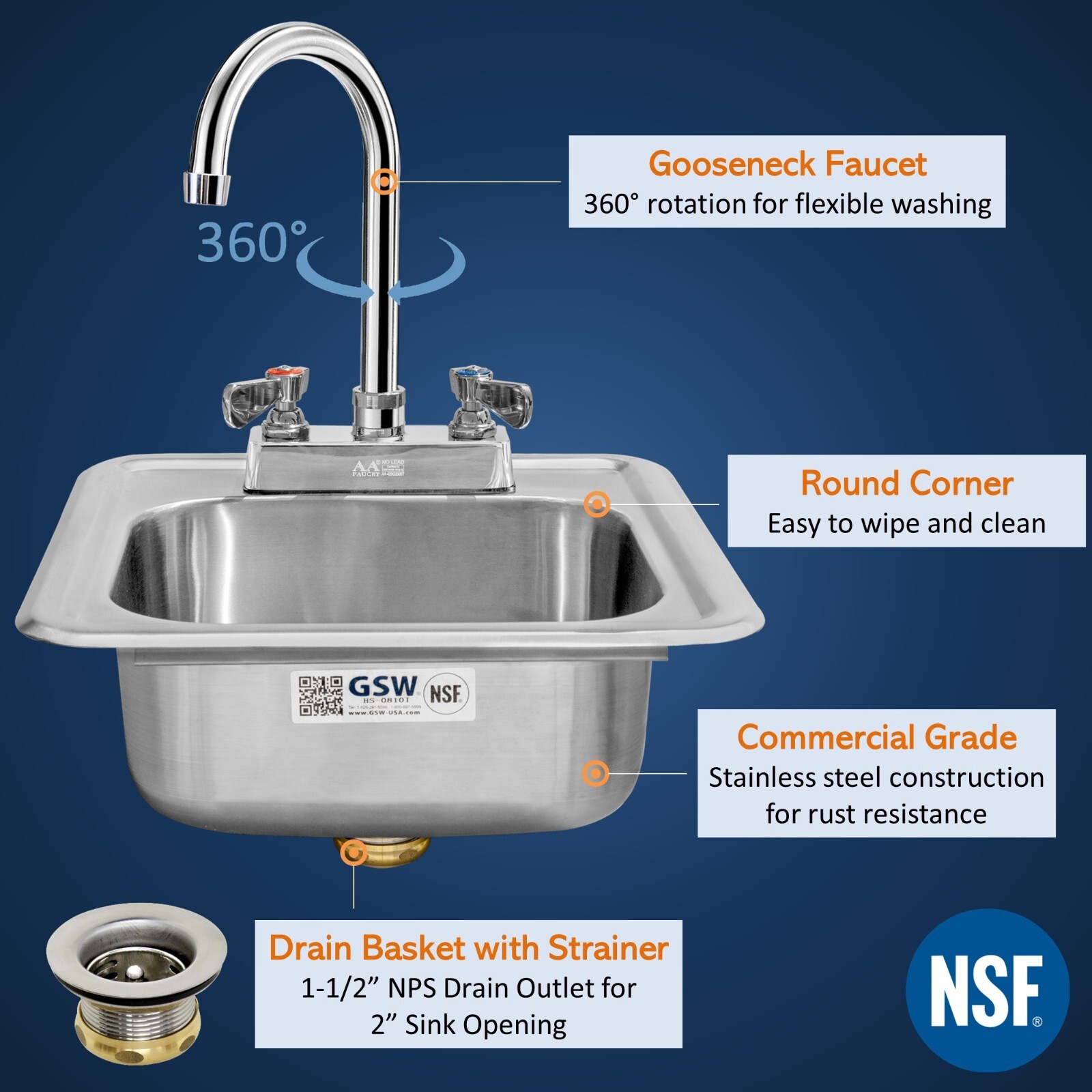 GSW HS-0810I Mini 13″ x 13″ Stainless Steel Drop-In Hand Sink with Faucet