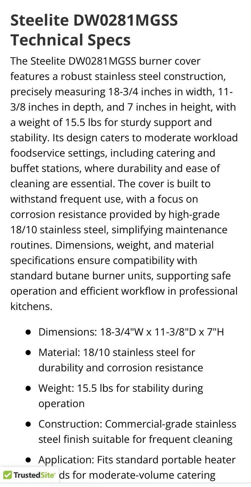 Steelite DW0281MGSS 18-3/4 Inch Butane Burner Cover Stainless Steel – Stand