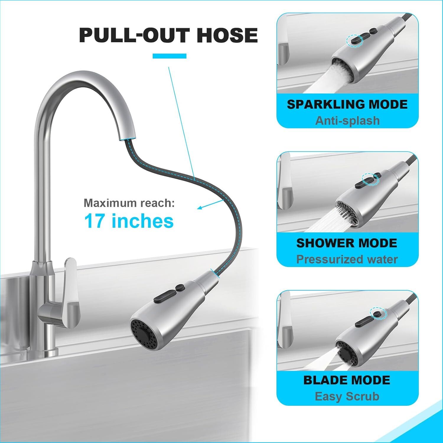 Stainless Steel Sink Free Standing with Pull-Out Faucet for Kitchen Restaurant
