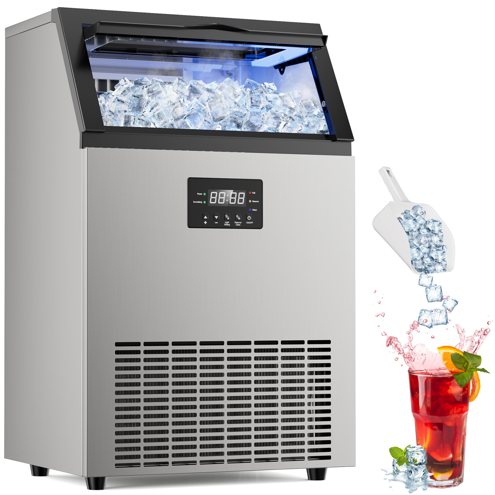 Commercial Ice Machine 100Lbs/24Hrs, 33Lbs Storage，Adjustable Cube Thickness