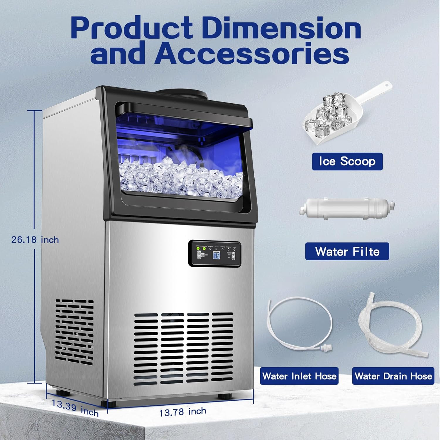 High Efficiency 110Lbs/24H Under Counter Ice Maker with Self-Cleaning Feature