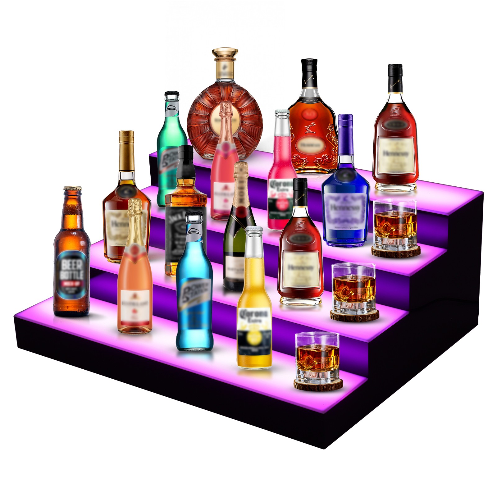 4 Tiers 20 Inch LED Lighted Liquor Bottle Display with RF Remote for Home Bar