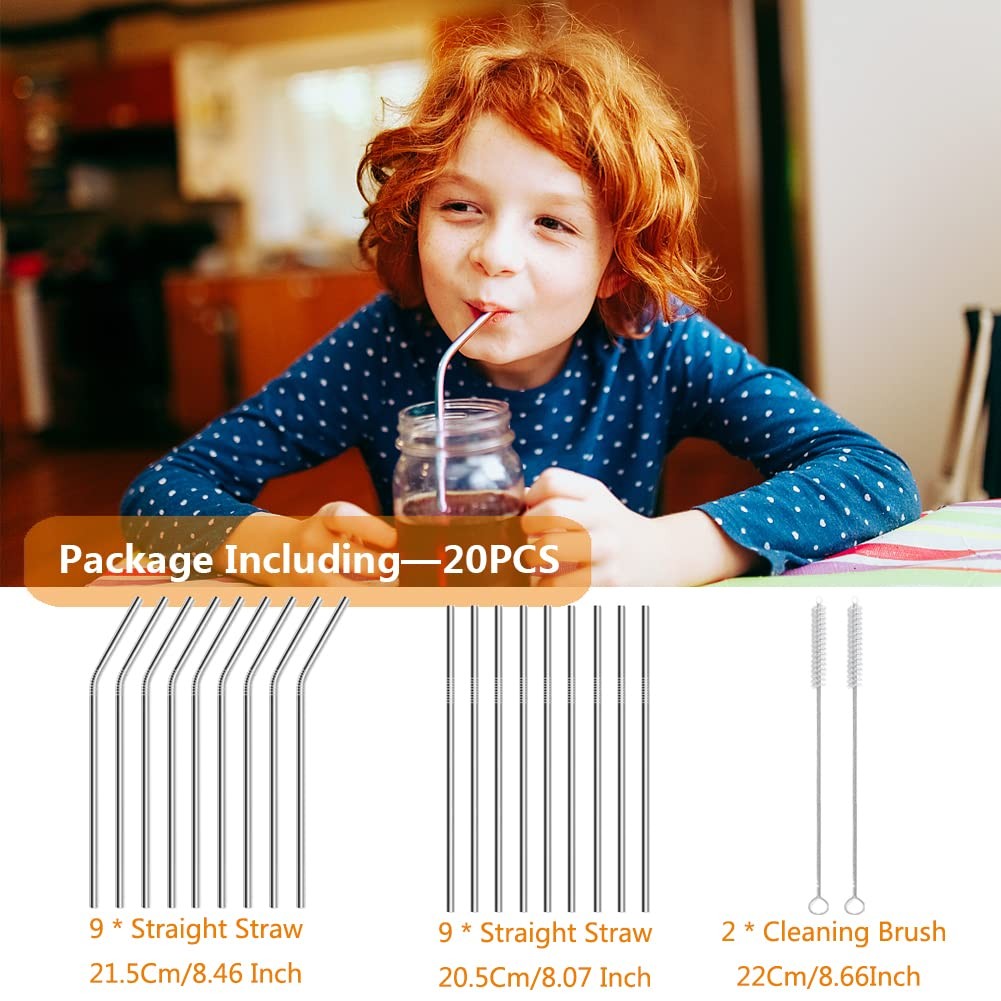 20-Pack Reusable Stainless Steel Metal Straws with 2 Brushes for 20oz Tumblers