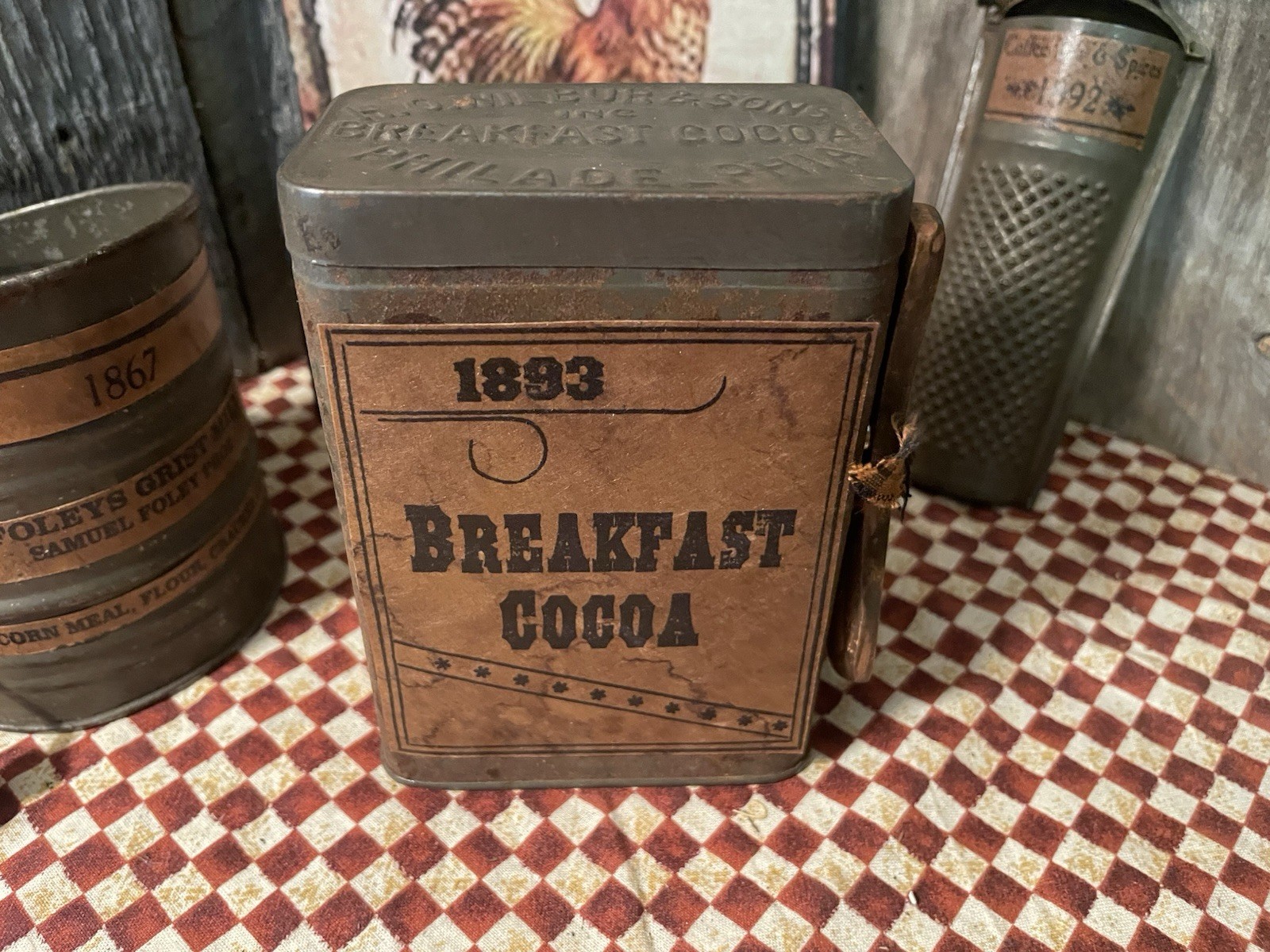 VTG REPURPOSED Primitive Farmhouse OLD METAL BREAKFAST COCOA CAN + WOODEN SPOON