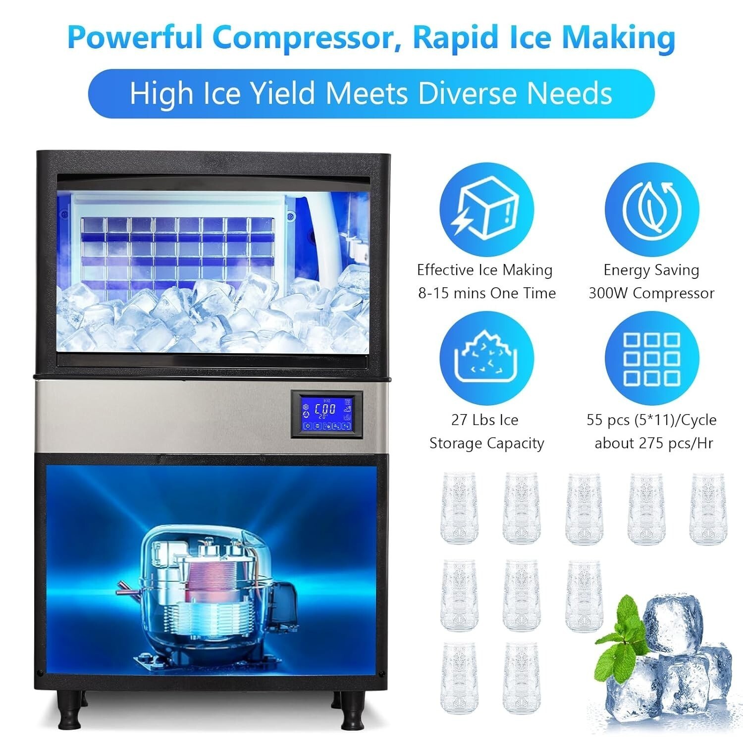 110lb Built-in Commercial Ice Maker Stainless Steel Bar Restaurant Cube Machine