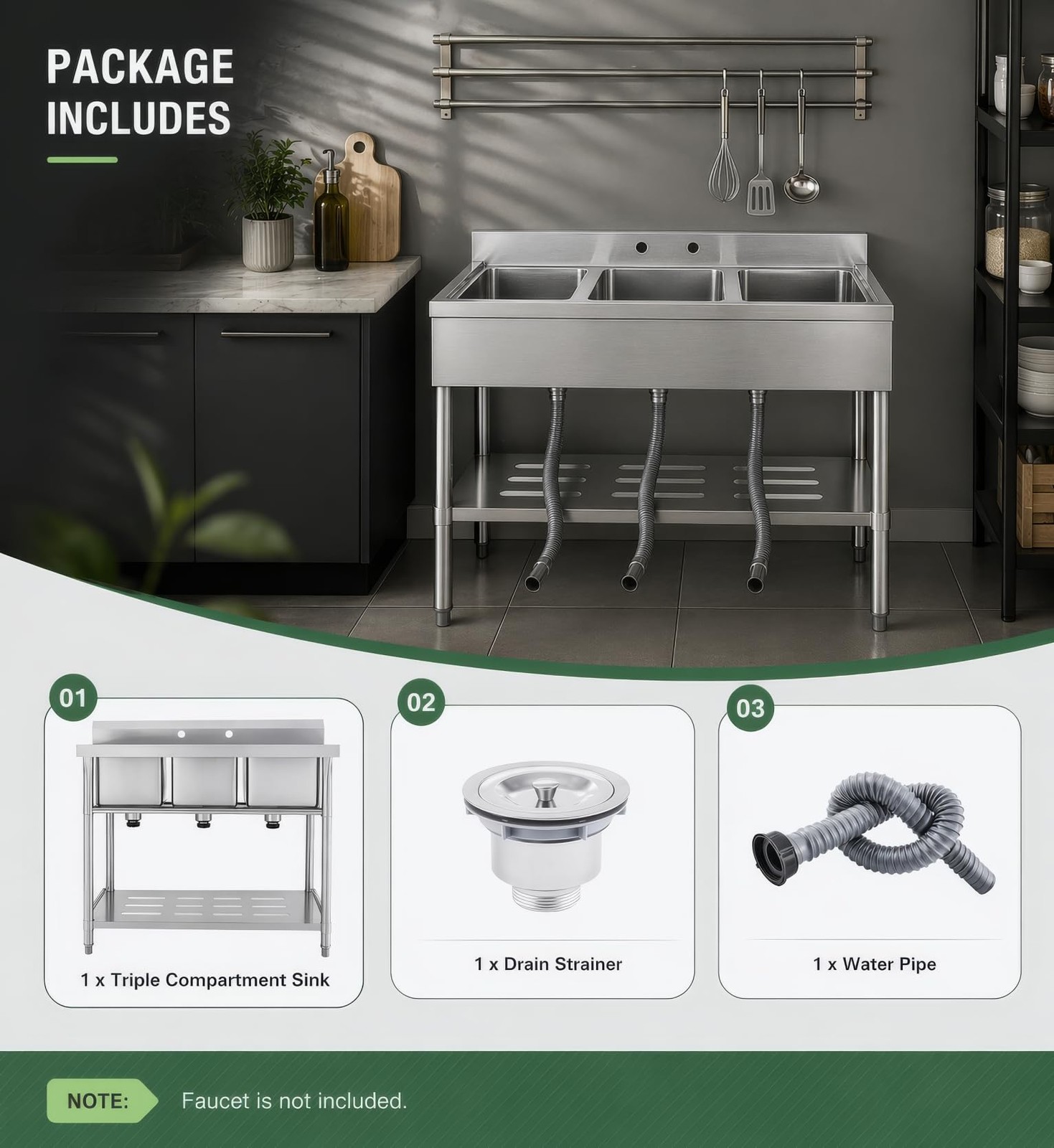 Commercial Kitchen Sink ,Freestanding 3-Compartment Stainless Steel Utility Sink
